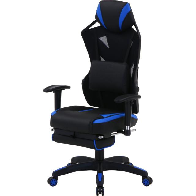 不二貿易 メッシュゲーミングチェア レイズブルー フットレスト付  回転式 リクライニング 19430 Eスポーツ 組立式 幅68.5×奥行65.5×高さ118〜125.5cm 重量19.1kgの通販は