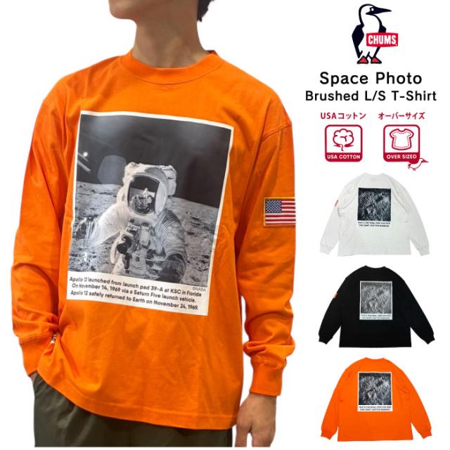 【2025秋冬新作】CHUMS チャムス スペースフォトブラッシュド長袖Tシャツ ロンT オーバーサイズ アウトドア キャンプ 釣り メンズ レディース 春 秋 宇宙 写真 アポロ プリント NASA CH01-2632 メール便対応