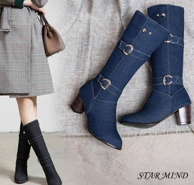 送料無料 デニム ブーツ ミドル ガーリー シューズ 靴 セクシー 韓国系 スクエア トゥ ヒール 韓国系 トレンド 秋冬ファッション コーの通販はau Pay マーケット Star Mind