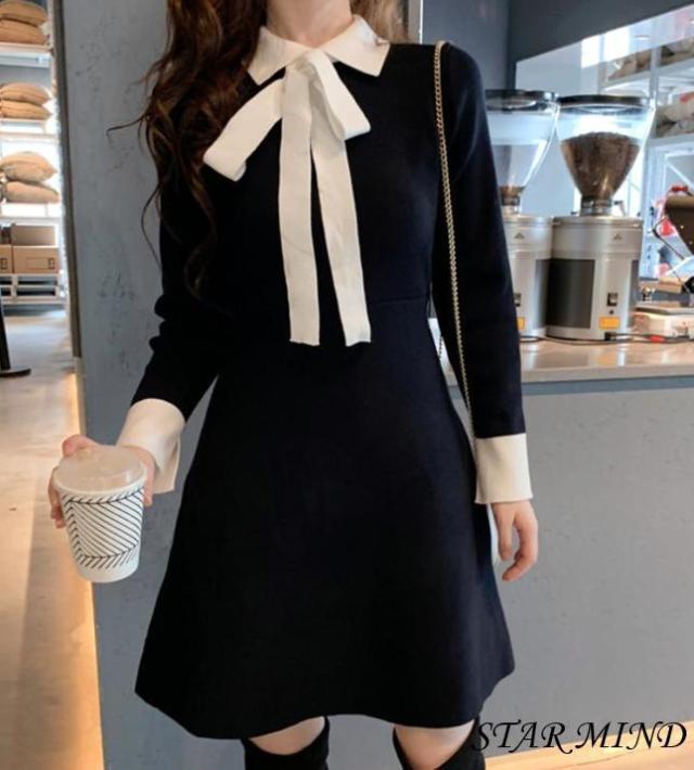 韓国 バイカラー ワンピース リボン モノトーン 上品 ショート丈 フェミニン モノトーン ブラックコーデ お出かけ 正装 フレア Aライン の通販はau Pay マーケット Star Mind