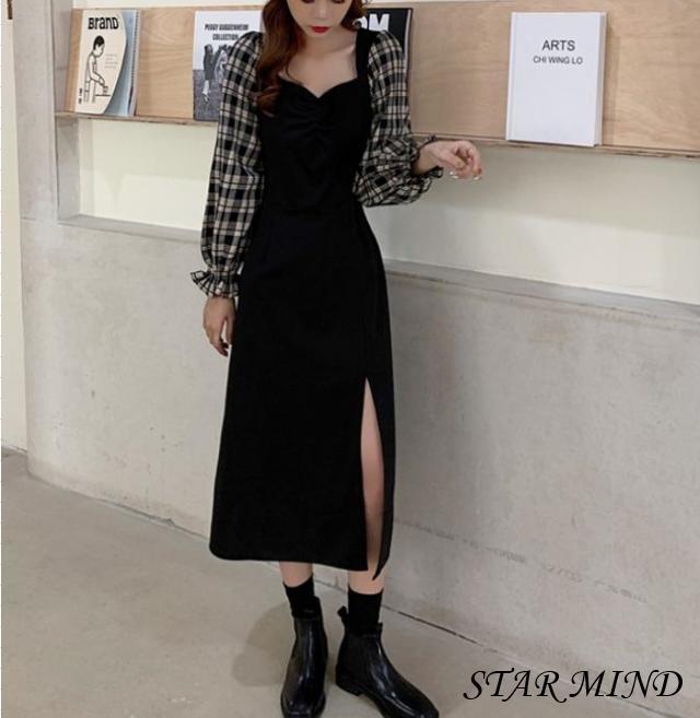 送料無料 パフスリーブ ワンピース ロング チェック フレア 長袖 Aライン ロング 長袖 韓国 フォーマル フレア ゲストドレス 挙式 二の通販はau Pay マーケット Star Mind