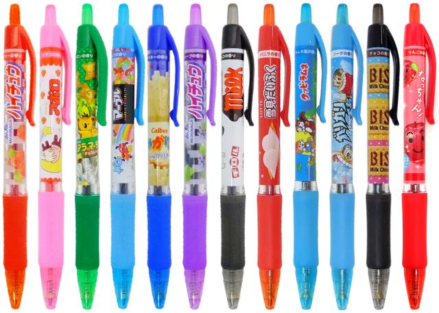 おやつマーケット お菓子な香りつき ノック式カラーボールペン12本セット（12柄/7色/10香り） サカモト ハイチュウ アポロ コアラのマーチ マーブル じゃがりこ チロルチョコ なっちゃん 雪見だいふく ガリガリ君 クッピーラムネ