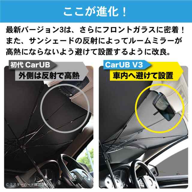 【ルームミラーを避けて設置できる】 折りたたみ傘式 サンシェード CarUB V3 車用 傘式 収納 紫外線対策 パラソル 日除け  MR-CARUB03｜au PAY マーケット