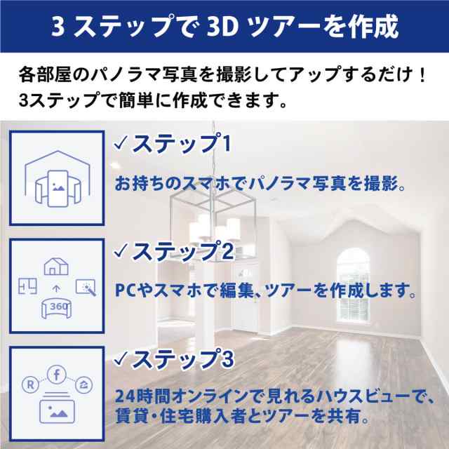 スマホで作れる！ 360° パノラマ VR物件 撮影 作成 3D Tour Kit 3Dドールハウス 2Dフロアプラン 1物件 PP-FS360-S3D