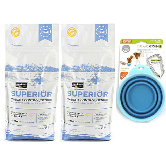 フィッシュ4 ドッグ スーペリア ウェイトコントロール 12kg（6kg×2）【正規品】【犬想いオリジナルセット】 【ぺたんこボウル ブルー付】