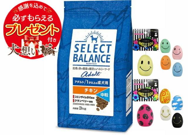 【あす着便利用可能】【送料無料】セレクトバランス アダルト チキン 中粒 １才以上の成犬用 3kg【スマイルエッグ付】の通販は 5,060円