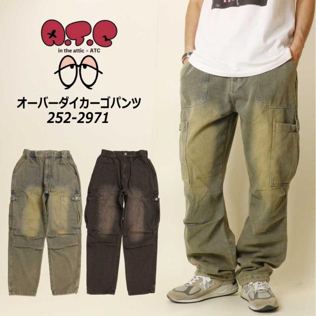 A.T.C in the attic デニムパンツ 252-2971 オーバーダイ カーゴパンツ ワイドデニム  オールド加工 カーゴ ポケット メンズ ジーンズ