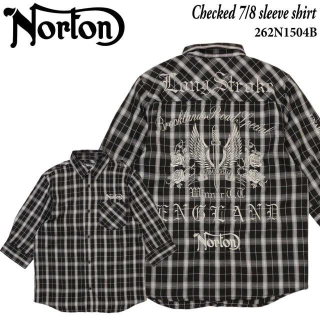 Norton ノートン 服 7分袖 シャツ 262N1504B チェック ウィングローズ 7分袖 シャツ 刺繍 ロゴ アメカジ バイカー メンズ