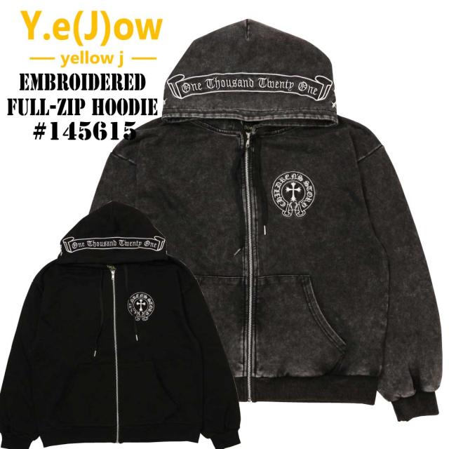Yellow.J イエロージェイ 長袖 パーカー 145615 クロス 刺繍 フルジップ パーカー ブラック系加工 メンズ メンズファッション ヴィンテージ加工
