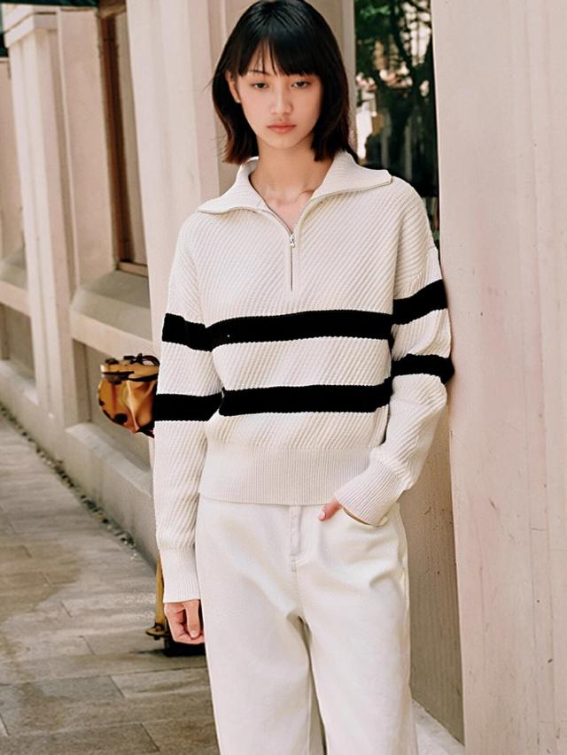 【2024新作】オーストラリア産 メリノ ウール100% レディース ハーフジップ ボーダー ニットセーター 長袖 秋冬 保温 軽量 シンプル カジュアル ホワイト ネイビー M L【LPIUTY】