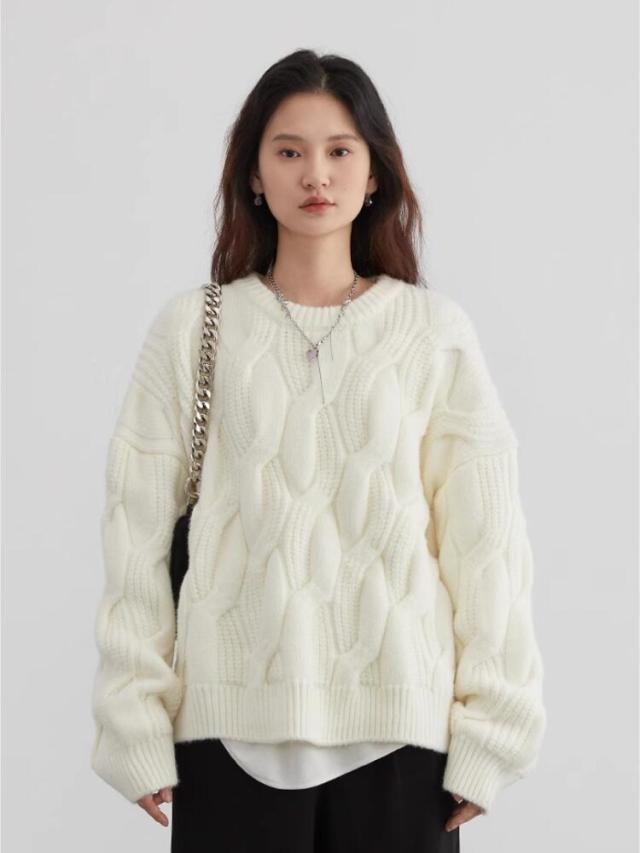 【2024新作】ケーブル編みニットセーター アイボリー ラベンダー ブラウン M L レディース 長袖 100%高品質ウール ゆったりシルエット クルーネック 秋冬 暖かい 無地 カジュアル クラシカル おしゃれ トップス オーバーサイズ 韓国風【LPIUTY】
