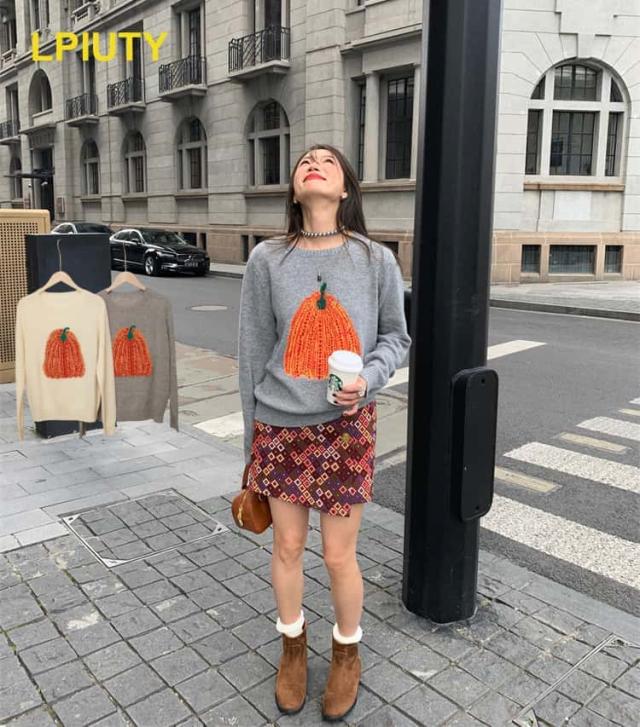 ニットセーター レディース 秋冬 長袖 柔らかい 防寒 クルーネック おしゃれ カジュアル グレー/ホワイト オーストラリア産羊毛100% かぼちゃ柄 フリーサイズの通販は 8,502円