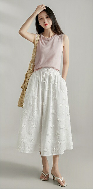 刺繍レースフレアスカート コットン100% 裏地付き ロング丈 ウエストゴム レディース 夏 フェミニン カジュアル ホワイト M/L/XL エレガント 83.5〜86.5cm 着やすいスカート