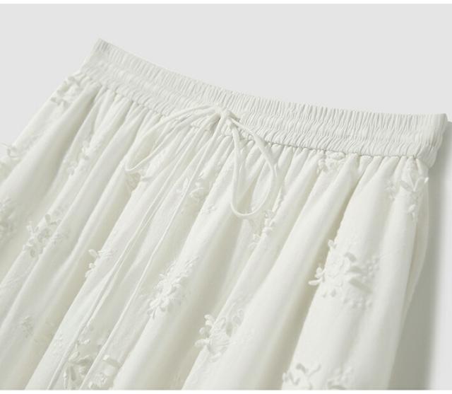 刺繍レースフレアスカート コットン100% 裏地付き ロング丈 ウエストゴム レディース 夏 フェミニン カジュアル ホワイト M/L/XL エレガント 83.5〜86.5cm 着やすいスカート