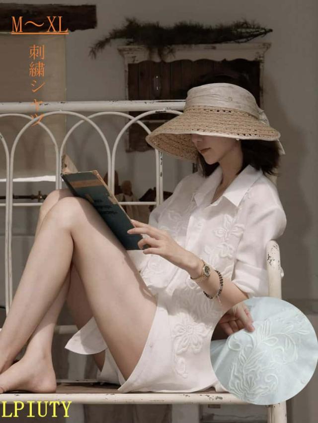 刺繍シャツ レディース 長袖 ホワイト M・L・XL 吸汗通気性抜群 軽量 夏本番 フォーマル ゆったりフィットコットン100%  綿