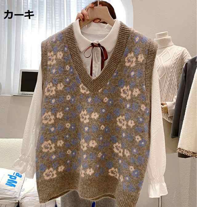 ニット ベスト レディース ロング丈 厚手 ノースリーブ Vネック トップス ニットセーター 花柄 ゆったり かわいい 春秋適用｜au PAY  マーケット