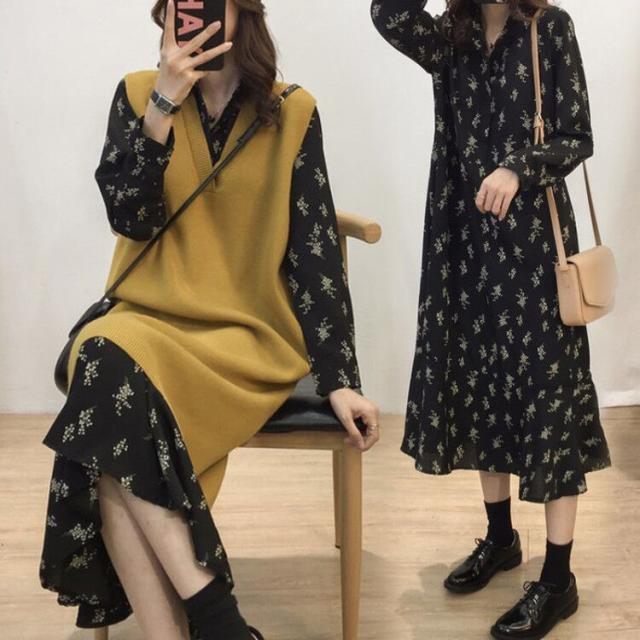 ニット ベスト ワンピース レディース ニットベストワンピース2枚セット シンプル Vネック ゆったり 花柄ブラウス ロング丈 ドレス 体型の通販はau Pay マーケット Zmshop Au Pay マーケット店