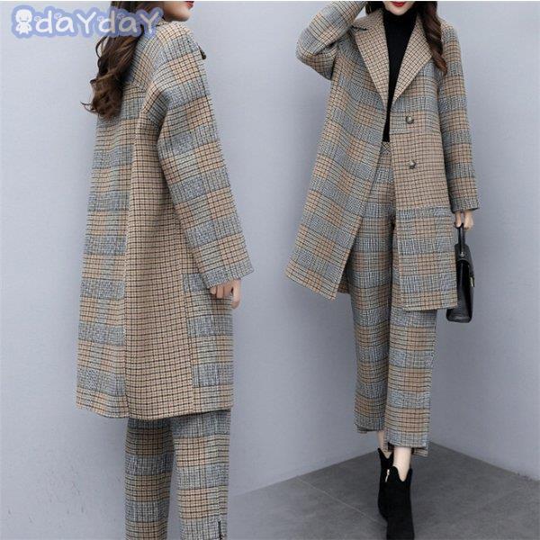 パンツセットアップ レディース コート スーツパンツ ロングパンツ スリット ロング丈 2点セット ゆったり 大きいサイズ スーツジャケット セレモニー チェック