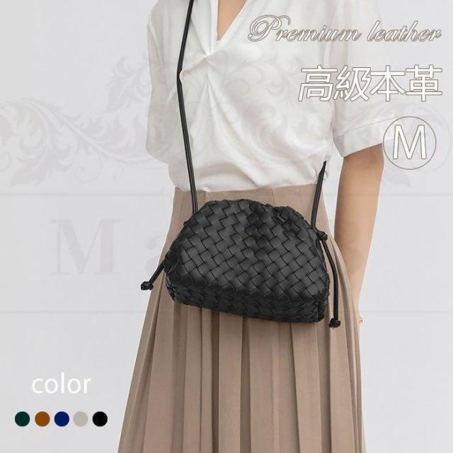 本革 編み込み 巾着バッグ ショルダーバッグ がま口バッグ ドロストバッグ 本革バッグ 斜め掛け M　春夏
