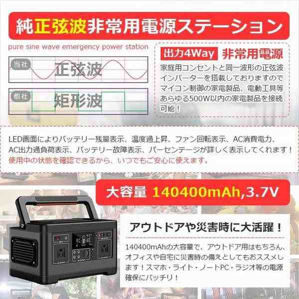 ポータブル電源 大容量 500W 140400mAh 家庭用 AC/DC キャンプ 車中泊