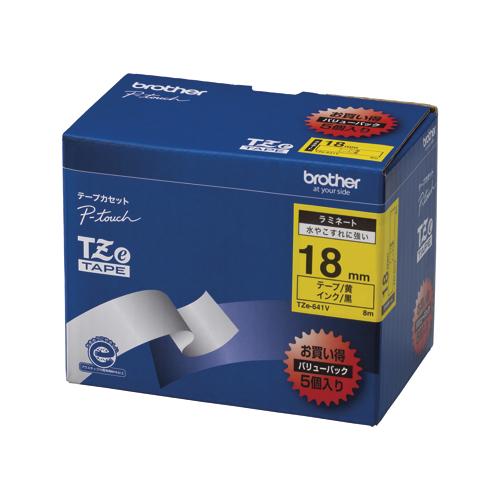 BROTHER ブラザー ブラザー工業 TZeテープ ラミネートテープ(黄地/黒字) 18mm 5本パック TZe-641V