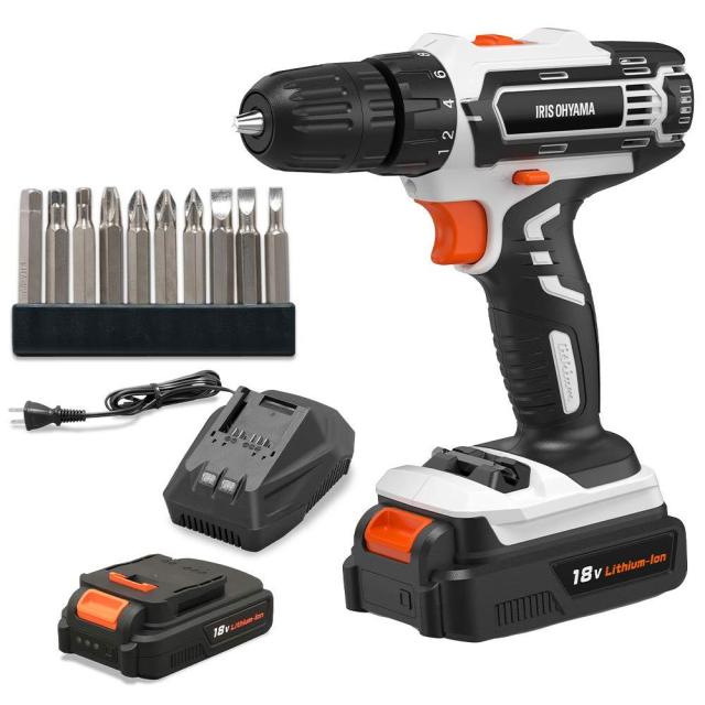 IRISOHYAMA アイリスオーヤマ アイリスオーヤマ コードレス電動ドリルドライバー 18V 2000mAh アイリス共通バッテリ・充電器付き ビット10種付属 JCD25 ホワイト