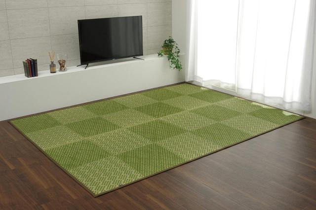 イケヒコ い草 ラグ カーペット 花ござ 日本製 小林製薬 コラボ 持続性抗菌剤 KOBA-GUARD 制菌 抗菌防臭 DXラウム 裏付き 滑り止め 不織布 グリーン 江戸間3畳 約174×261cm #4142603