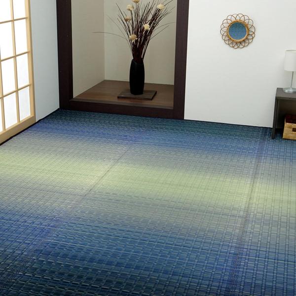 イケヒコ い草 ラグ カーペット 花ござ 日本製 大自然 掛川織 モダン 抗菌防臭 海 ブルー 江戸間6畳 約261×352cm #4141306 26,000円