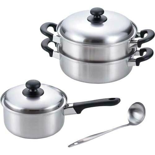 和平フレイズ 日本製 燕三条 片手鍋 18cm ＆ 二段蒸し器 24cm お玉付 ステンレス IH・ガス対応 燕三(エンゾウ) EM-021