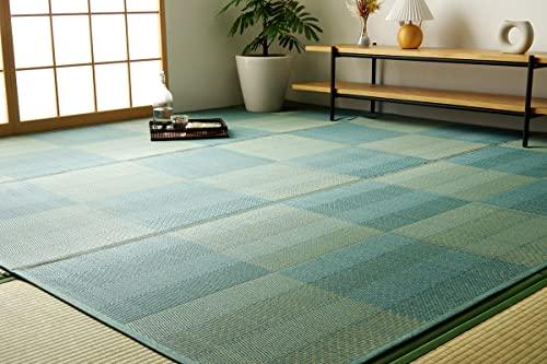 イケヒコ い草 ラグ カーペット ルネ レイクブルー 約255×340cm 団地間6畳 花ござ 格子柄 ナチュラル シンプル 和室 上敷き カバー #4350026