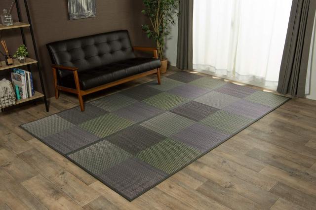 イケヒコ い草ラグ 花ござ カーペット ラグ 8畳 格子柄 市松柄 『DXピーア』 グレー 本間8畳 (約382×382cm) 裏:不織布