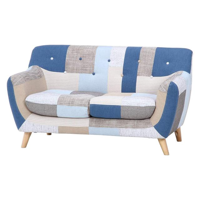 不二貿易 ソファ 2人掛け 幅134cm ブルー パッチワーク ファブリック ラビスタ 34096