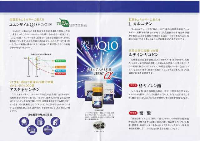 「バイオアスタQ10 21世紀」120粒 発酵コエンザイムQ10 アスタキサンチン Ｌ-カルニチン ルテイン 葉酸配合