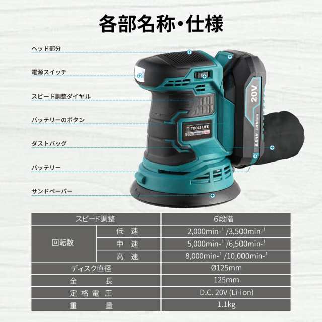 TOOLS LIFE 充電式ランダムサンダー コードレスランダムサンダー 2000mAhバッテリー 充電式サンダー DIY日曜大工 木工 DIY 研磨  荒削り ｜au PAY マーケット