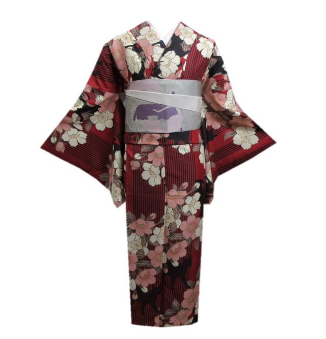 着物 洗える 袷 小紋 半巾帯 細帯 2点セット clubＨ・Ｌ 濃赤色地猫黒枝垂桜ライン フリー 女性用 カジュアル きもの プレタ 半幅帯 レディース 猫柄 ネコ