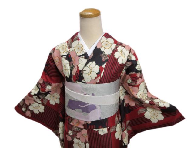 着物 洗える 袷 小紋 半巾帯 細帯 2点セット H・L 黒地蔦の葉エンジ