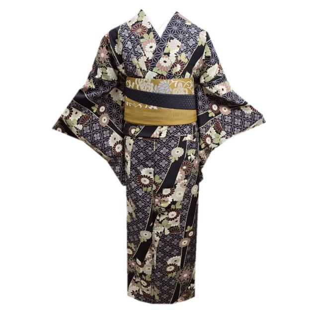 着物 洗える 袷 小紋 半巾帯 細帯 2点セット Ｈ・Ｌ 黒色地熨斗目菊麻の葉七宝花菱 フリー 女性用 カジュアル きもの プレタ 半幅帯 レディース