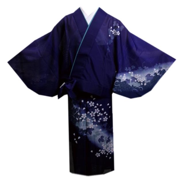 二部式 着物 絽 夏用 茄子紺紫色地桜蔦ぼかし Ｍ Ｌ 日本製 絵羽柄 付下げ柄 洗える ユニフォーム 簡単 セパレート 女性用 夏物 レディース 和装