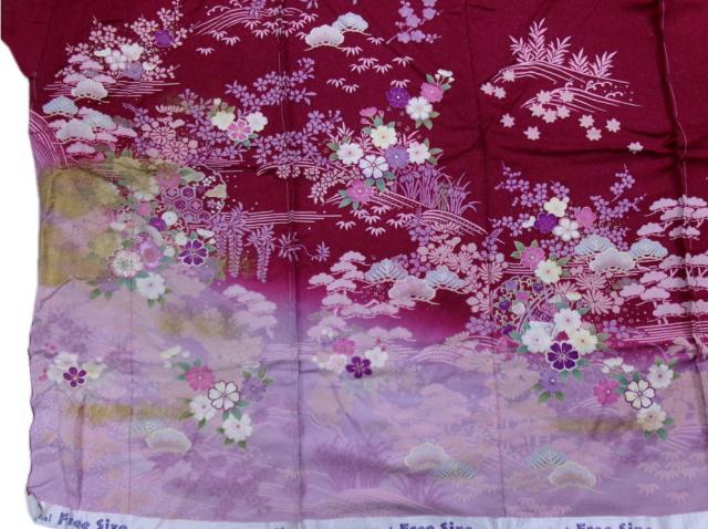 【訳有り 難あり】 振袖 正絹 お買上 未仕立て 仮絵羽 単品 濃ワイン色地ラメ入り桜古典柄 成人式 購入 リメイク 生地 和柄 教材 和裁 練習用 訳有り 難あり】 振袖 正絹 お買上 未仕立て 仮絵羽 単品 濃ワイン