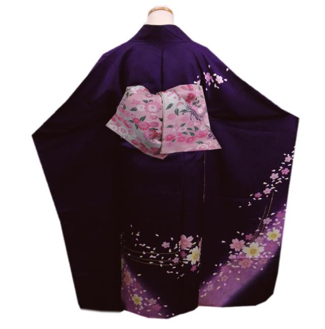 【訳有り 少難あり】 振袖 正絹 お買上 お仕立上がり 袋帯 長尺 長襦袢 3点セット 濃紫色地薄紫ぼかし桜小さくら花吹雪 Ｌ 成人式 出来上がり 購入 訳有り 少難あり】 振袖 正絹 お買上 お仕立上がり 袋帯 長尺 長襦袢