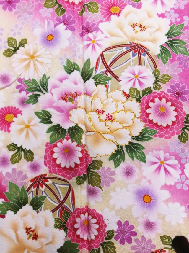 振袖 正絹 お買上 お仕立上がり 単品 ピンク地ワインぼかし牡丹鞠桜古典