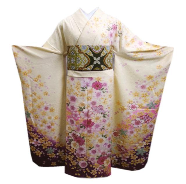 振袖 正絹 お買上 お仕立上がり 袋帯 長襦袢 3点セット 淡黄色地紫ぼかし桜さくら八重桜 フリー 成人式 出来上がり 購入