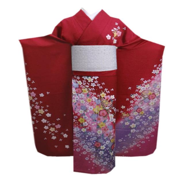 振袖 正絹 お買上 お仕立上がり 単品 赤色地薄ピンク薄紫ぼかし桜さくら鞠小花 フリー 成人式 出来上がり 購入 販売 リメイク 生地 和柄