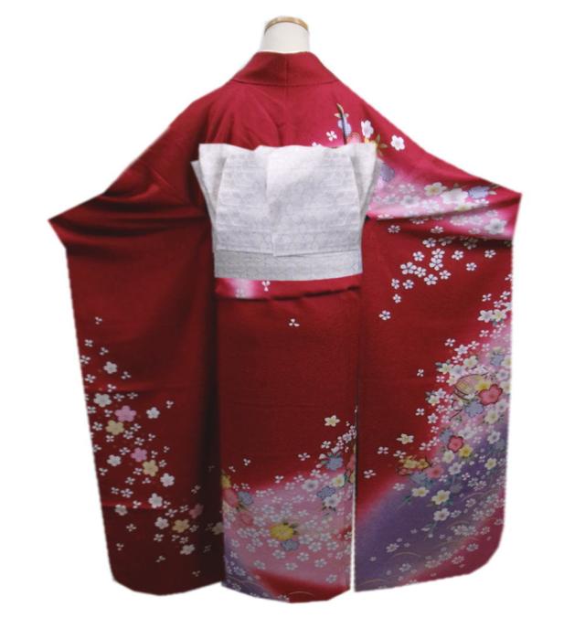 本振袖 お仕立て上がり 成人式 正絹 袷仕立て 鞠柄 エンジ 赤 小紋柄