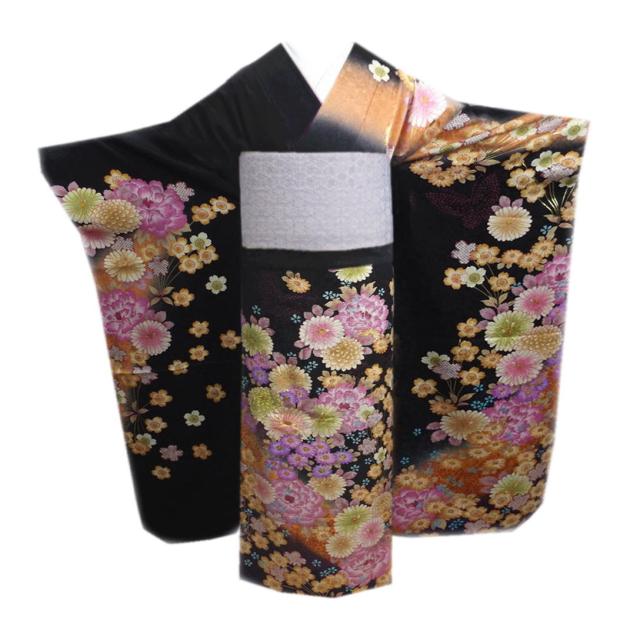 【訳有り 少難あり】 振袖 正絹 お買上 お仕立上がり 単品 ブランド 黒色地菊桜牡丹橙ぼかし Ｌ 成人式 出来上がり 購入 リメイク 生地