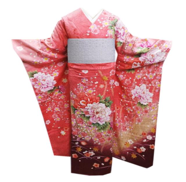 振袖 正絹 お買上 お仕立上がり 単品 ブランド サーモンピンク地牡丹可憐花 Ｌ 成人式 出来上がり 購入 リメイク 生地