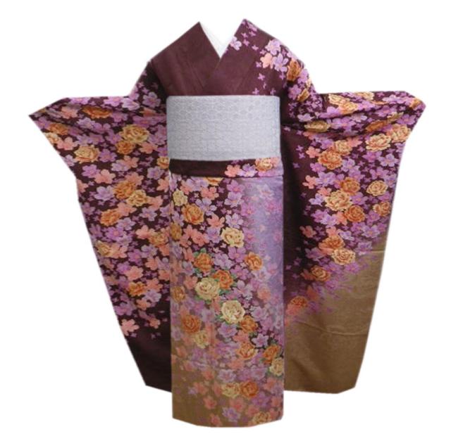 振袖 正絹 お買上 お仕立上がり 単品 ブランド 濃茶色地薔薇 フリー 成人式 出来上がり 購入 リメイク 生地 薔薇柄 バラ