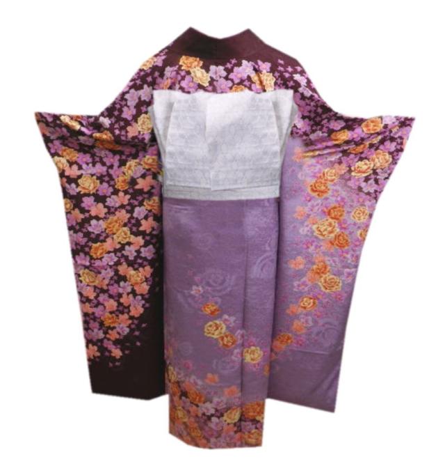 振袖 正絹 お買上 お仕立上がり 単品 ブランド 濃茶色地薔薇 フリー