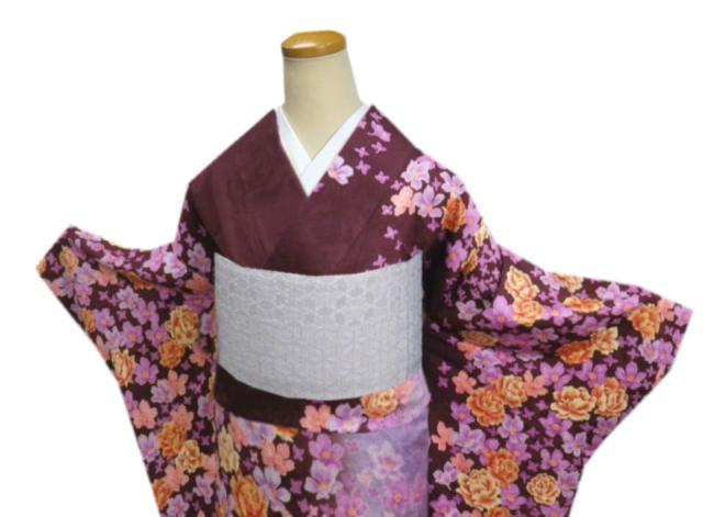 振袖 正絹 お買上 お仕立上がり 単品 ブランド 濃茶色地薔薇 フリー 成人式 出来上がり 購入 リメイク 生地 薔薇柄 バラ 振袖 正絹 お買上 お仕立上がり 単品 ブランド 濃茶色地薔薇 フリー