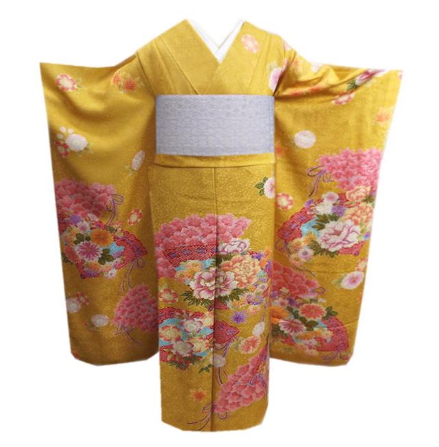 振袖 正絹 お買上 お仕立上がり 単品 ブランド 山吹色地花扇 フリー 成人式 出来上がり 購入 リメイク 生地